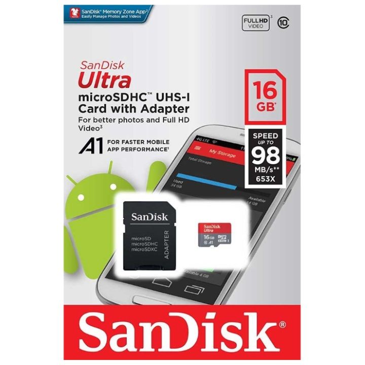 SanDisk Ultra microSDHC UHS-I A1 16GB Memory Card - 98MB/s R **