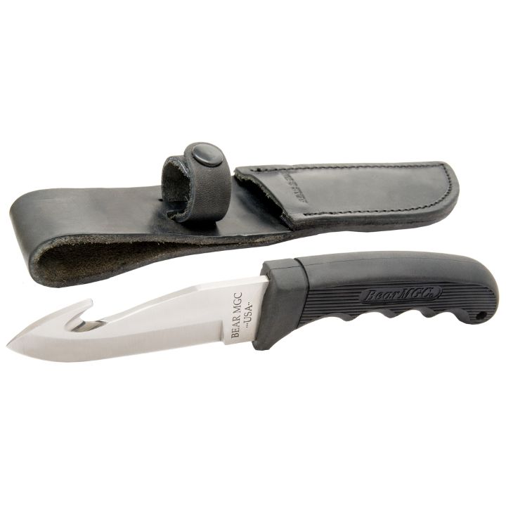 Bear & Son 8 3/8" Black Guthook Knife with Leather Sheath