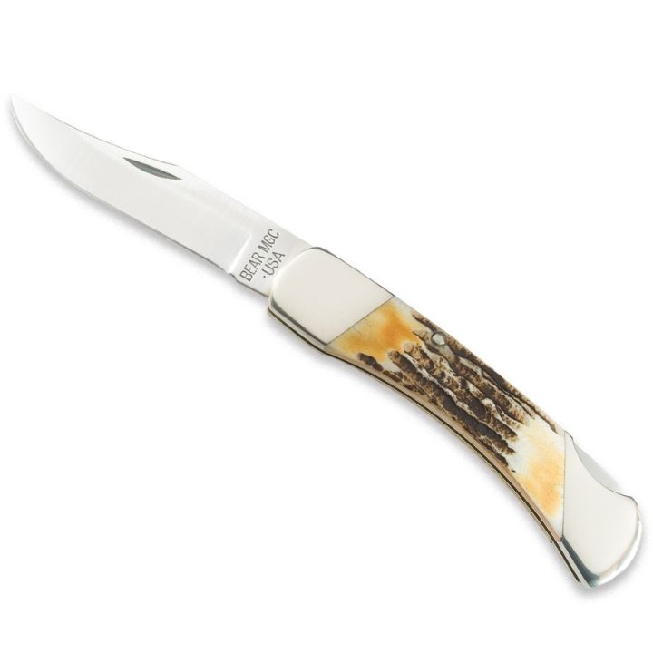 Bear & Son 5 Genuine India Stag Bone Pro Lockback Knife with Leather  Sheath 597